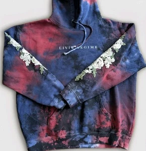 Civil Regime Hoodie Mens Large Blue Floral Embroidered Rose Tie Dye Fleece - Picture 1 of 18