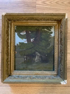 19thC Deer Under Tree Oil Painting on Panel Original Gilt Frame 14x13 - Picture 1 of 5