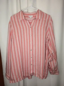 J Jill Love Linen Button Up Top Large Pink Stripe Coastal Grandmother Beach NWT - Picture 1 of 11