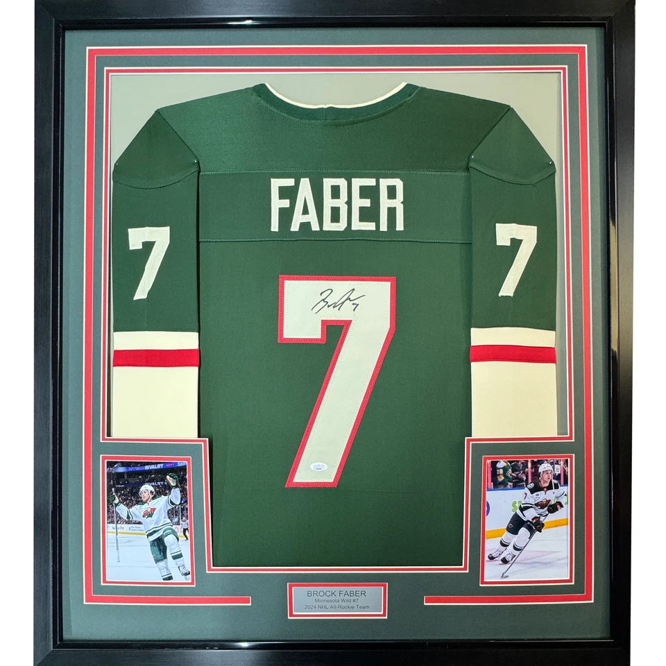 Framed Autographed/Signed Brock Faber 35x39 Minnesota Green Jersey JSA COA - Image 1 of 2