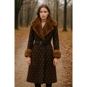 Vintage Brocade Tapestry Black Gold Fur Belted Long Coat 50s 60s Elegant Union - Picture 1 of 17