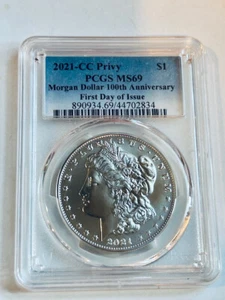 2021-CC PRIVY MORGAN DOLLAR $1 FIRST DAY OF ISSUE PCGS MS69 100TH ANNIVERSARY - Picture 1 of 2