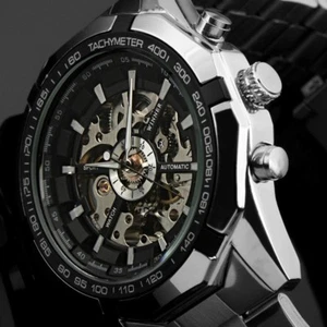 Men's Watch Automatic Mechanical Analog Stainless Steel Band Skeleton Dial Watch - Picture 1 of 19
