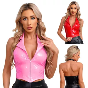 Damska seksowna kamizelka lakierowana skóra kamizelka uchwyt głęboki dekolt w serek klapa crop tank top - Zdjęcie 1 z 39