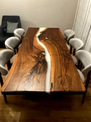 White Epoxy River Epoxy Table Top Live Edge Dining Table Top Furniture Decor - Image 1 of 4