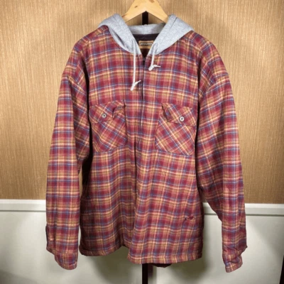 Schmidt Men's Plaid Flannel Lined Quilted Full Zip Hooded Jacket Red Tan Size XL - Image 1 of 4