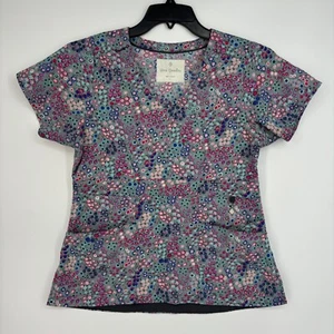 Vera Bradley Womens Small Scrub Top Gray Pink Blue Floral V-Neck Short Sleeves - Picture 1 of 9
