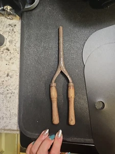 Antique Metal Hair Curling Iron 9" w/ Blunt End with Varnished Wood Handles  - Picture 1 of 11