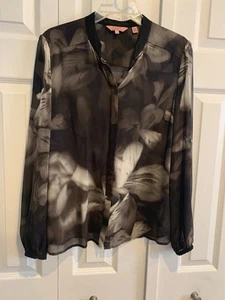 Ted Baker Sheer Black Silk Button Up Sz 3 (Sz 8)L/S Flowers Artsy Pre-Fall - Picture 1 of 15