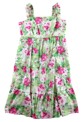 Vestido de sol novo com etiquetas verde tórrido rosa floral algodão midi popeline em camadas alça de babado 2X - Imagem 1 de 4