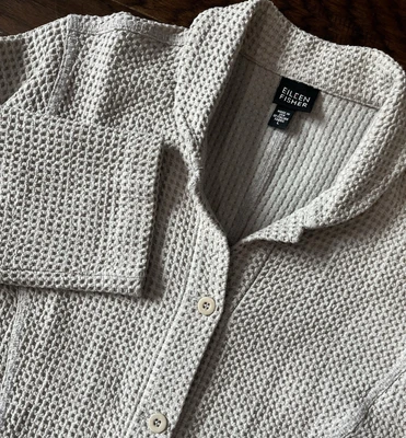 Eileen Fisher女式开衫L华夫格针织奶油色纽扣前夹克口袋 — 第 1/4 张图片