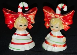 VINTAGE LEFTON CERAMIC CHRISTMAS SALT & PEPPER SHAKERS - CANDY CANE GIRLS W/BOWS - Picture 1 of 12