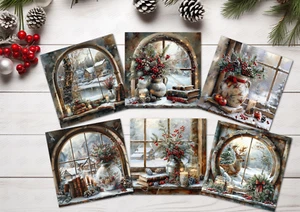 6 Christmas Windows Card Tags/Toppers Card Making Decorations - 3.25" Square - Picture 1 of 2