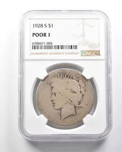 Poor 1 1928-S Peace Silver Dollar NGC P01 Lowball Low Ball Pocket Piece *4173 - Picture 1 of 3