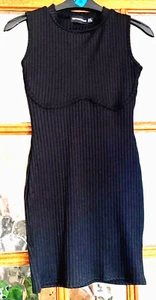 VGC Ladies PRETTY LITTLE THING Needle Rib BLACK SWEET HEART Seamed Mini Dress 10 - Picture 1 of 3