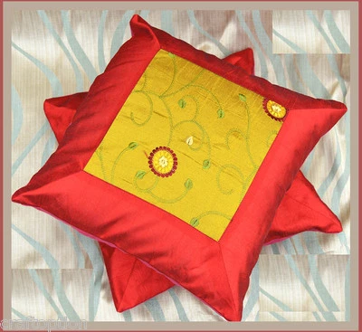 Set of Two Flower Embroidered Hand Made Red Green Silk Pillow Cover from India - Image 1 of 4