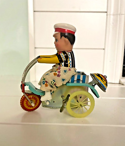 Vintage Litho Wind Up Tin Toy, Boy on Bike, VG Works Great, Moves & Bell Rings