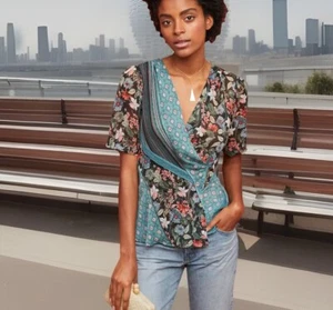 TINY Anthropologie lovely patchwork mixed print wrap blouse XS NWOT $118 - Picture 1 of 14