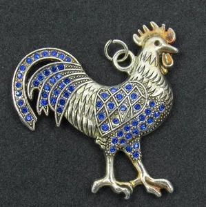 Rooster Chicken Pendant Blue Rhinestones Silver Tone Metal Unbranded - Picture 1 of 5