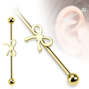 Industrial w/Bow 4 Gauge 1-1/2" 5mm Balls Gold IP Barbell #Z - Picture 1 of 3