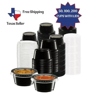 2 oz Black Plastic Souffle Disposable Portion Cups with Lids for Sauce Cup - Picture 1 of 3