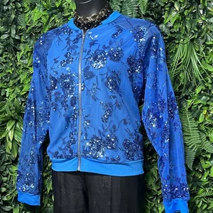 ASHLEY STEWART Jacket Women 22/24 Blue All Over Sequin Sheer Lined Bomber 2586 - Picture 1 of 6