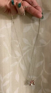 Vtg Christmas Red Bow W/Rhinestone Pendant Necklace- 19” Silvertone Rope Chain - Picture 1 of 10