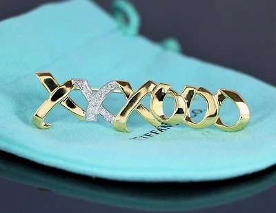 $4500 Broche Tiffany & Co 1983 Paloma Picasso Oro Amarillo 18K PLAT Diamante XO Foto 1 de 4