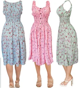Cotton Floral Swirl Flared Flowy Waist Smocked Knee Length Summer Sun Dress - Picture 1 of 4