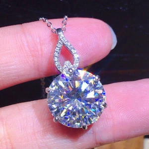 New 10mm Round Cut White Moissanite Luxury Women Charm Silver Necklace Pendants - Picture 1 of 6