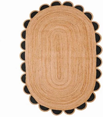 Scalloped Oval Jute Carpet Hand Braided Reversible Living Room Farmhouse Runner - Image 1 of 3