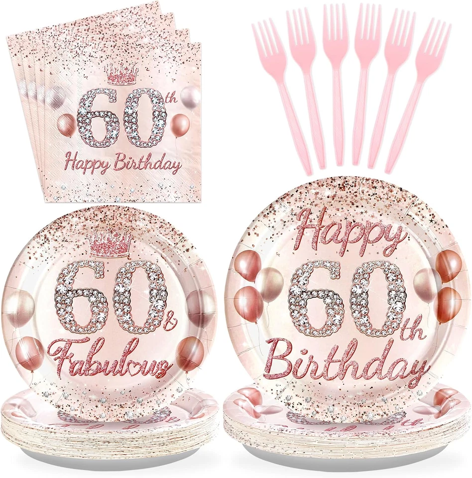 96 Pcs 60Th Birthday Party Supplies for Women Rose Gold 60 Years Old Paper Plate - Image 1 of 4
