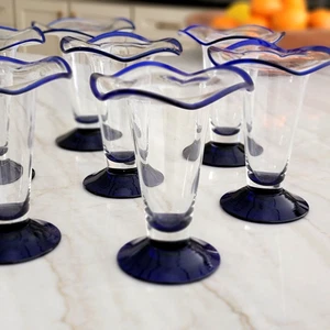 Ice Cream Sundae Dessert Serving Drink Glass Hand Blown Cobalt Blue Rim NEW - Picture 1 of 7
