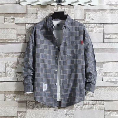 Men's Summer Shirt with Long Sleeves Plaid Pattern for Sun Protection and Style - Image 1 of 4