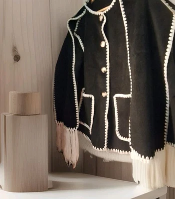 Jacket Attachedl Scarf Tassels Black W/White Stiching Pockets Wool Blend S - Image 1 of 4