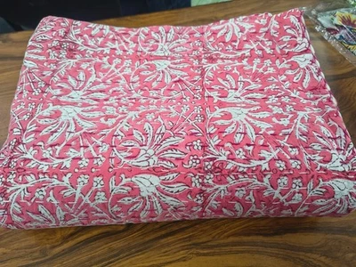 pink floral print Indian kantha throw handmade cotton quilt king size bedspread - Image 1 of 4