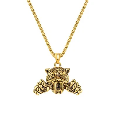 Herren Halskette Edelstahl Kette Anhänger Kralle Tiger Kopf Goldfarben Schmuck - Bild 1 von 4
