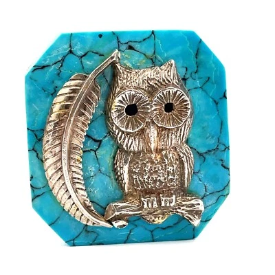 Fivela de cinto vintage nativo americano JB prata e turquesa coruja e penas - Imagem 1 de 4