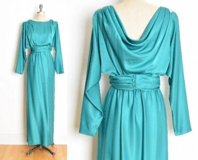 Vestido vintage años 80-haces-30 verde azulado satinado drapeado capucha graduación vestido de noche fiesta M Foto 1 de 4