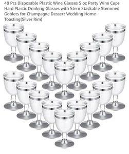 48 Pc Disposable Wine Glasses Plastic Champagne Flute Party Clear Silver Rim 5oz - Picture 1 of 7