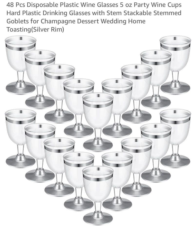 48 Pc Disposable Wine Glasses Plastic Champagne Flute Party Clear Silver Rim 5oz - Image 1 of 4