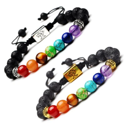 Brazalete trenzado árbol cúbico de la vida con cuentas de piedra natural de yoga de 7 chakras y dije 3D Foto 1 de 4
