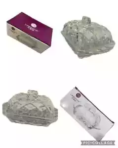 Glass Transparent Butter Dish with Lid and Handle Cut Pattern Base & Lid TB019 - Picture 1 of 12