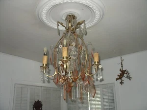 Antique Chandelier French Bronze 5 Arm With Salmon & Clear Prisms Crystals - Picture 1 of 7