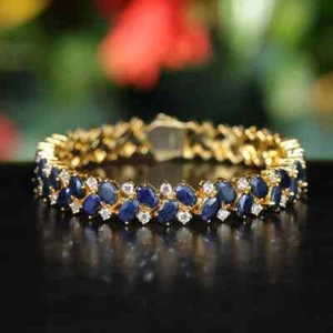 Natural Oval cut Sapphire Bracelet 14K Gold Plated Wedding Bracelet Gift For Her - Picture 1 of 3