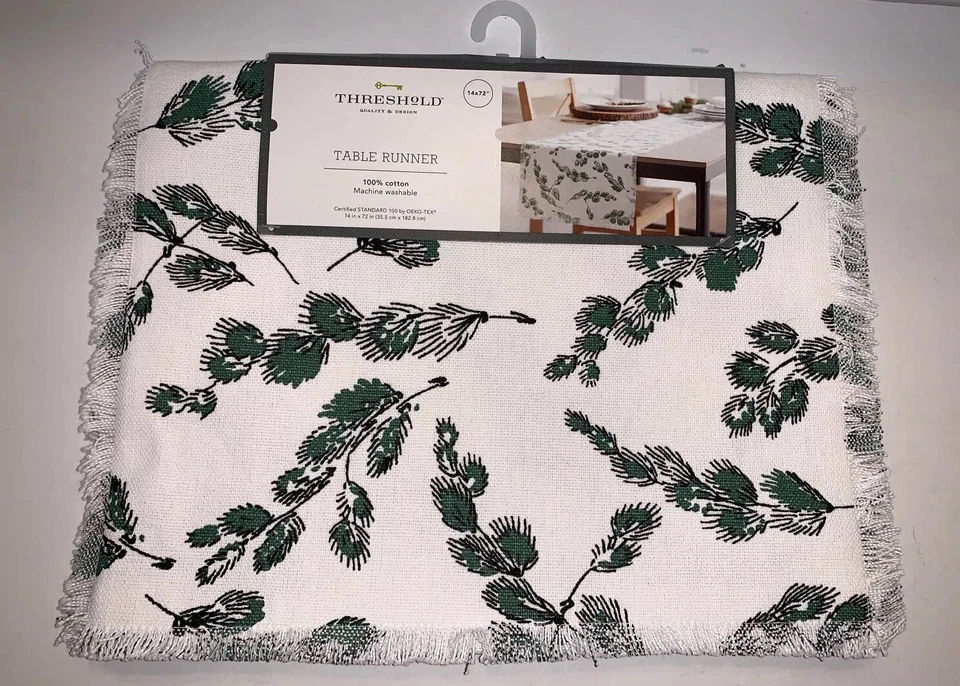 THRESHOLD 14"x72" Nordic Pine Table Runner GREEN/WHITE Christmas NWT Dining Room - Image 1 of 4