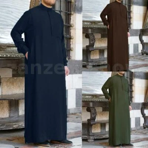 US STOCK Men's Saudi Arab Long Sleeve Kaftan Islamic Jubba Dishdasha Thobe Robe - Picture 1 of 15