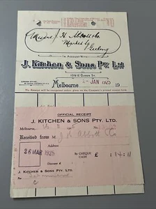 RECIBO DE COLECCIÓN J KITCHEN & SONS QUEEN ST MELBOURNE 1925 ABBOTT VICTORIA - Imagen 1 de 4