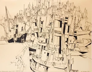 Mid Century Modern B. LECLERCQ Signed PEN & INK ORIGINAL "MONTREAL PORT" - Picture 1 of 9
