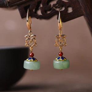 Chinese Dongling Jade/Cloisonne Gild Tibetan Style Vogue Earbob Earrings - Picture 1 of 5
